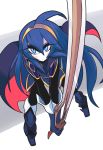  1girl ahoge black_legwear blue_eyes blue_hair cape eyeshadow fighting_stance fire_emblem fire_emblem:_kakusei gashi-gashi gloves hairband long_hair lucina makeup pantyhose solo sword weapon 