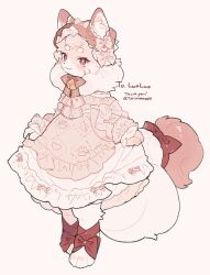  1girl :3 animal_ear_fluff animal_ears bell body_fur bonnet bow commentary commission dress dress_ribbon english_text frilled_dress frilled_sleeves frills full_body furry furry_female gomafuto highres jingle_bell original pink_bonnet pink_bow red_bow red_eyes short_eyebrows simple_background skeb_commission skirt_hold solo tail tail_bow tail_ornament watermark white_background 