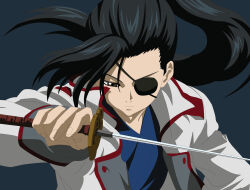  1girl black_eyes black_hair commentary_request eyepatch gintama japanese_clothes katana kimono long_hair onigiri_(niyake) ponytail reverse_trap samurai solo sword weapon yagyuu_kyuubei 