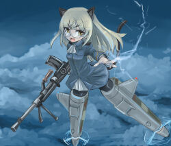  1girl animal_ears black_pantyhose blonde_hair blue_jacket cat_ears cat_girl cat_tail clouds cloudy_sky electricity electrokinesis fang glasses gun hashtag-only_commentary higesamurai502 highres holding holding_gun holding_weapon jacket light_machine_gun long_hair looking_at_viewer machine_gun military military_uniform neckerchief night open_mouth outdoors pantyhose perrine_h._clostermann sky solo strike_witches striker_unit tail weapon white_neckerchief world_witches_series yellow_eyes 