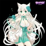  1girl :d animal_ears bare_shoulders black_background breasts cat_ears cat_tail cleavage dress flower green_eyes grey_hair hair_flower hair_ornament long_hair mami open_mouth paw_pose ribbon_choker simple_background smile solo tail very_long_hair white_hair wrist_ribbon 