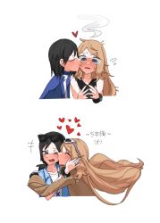  1boy 1girl aged_up black_hair blush brown_hair brown_jacket calem_(pokemon) closed_eyes commentary_request couple eyewear_on_head grey_eyes heart hetero highres hug jacket kiss kissing_cheek mega_ring mei_namul one_eye_closed pokemon pokemon_xy serena_(pokemon) simple_background sunglasses upper_body white_background 