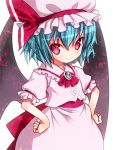  1girl ascot bat_wings blue_hair bow brooch dress hands_on_hips hat hat_bow jewelry kiira mob_cap pink_dress pink_eyes puffy_sleeves remilia_scarlet sash short_sleeves smile solo touhou wings 