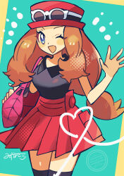  1girl anidler91 aqua_background black_shirt black_thighhighs blonde_hair blue_eyes collared_shirt commentary_request eyewear_on_head hat highres long_hair looking_at_viewer miniskirt one_eye_closed open_mouth pink_purse pokemon pokemon_xy red_hat red_skirt serena_(pokemon) shirt skirt solo sunglasses thigh-highs waving 