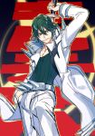  1boy fujiwara green_hair kill_la_kill long_coat male sanageyama_uzu smirk solo spikes sword uniform weapon 