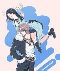  1boy 1girl arm_around_waist arm_ribbon bare_shoulders belt bike_shorts black_boots black_gloves black_hair black_jacket black_pants black_ribbon black_shorts blue_background blue_cardigan blue_sleeves blush boots border brown_belt brown_hair cardigan chain chain_necklace clenched_hand closed_eyes commentary_request couple detached_sleeves earrings final_fantasy final_fantasy_viii furrowed_brow gloves hetero highres jacket jewelry multicolored_hair necklace open_mouth pants parted_bangs ribbed_cardigan ribbed_sleeves ribbon rinoa_heartilly sayaendou0426 scar scar_on_face scar_on_forehead shirt shorts shouting single_earring squall_leonhart streaked_hair twitter_username white_border white_shirt 