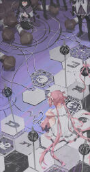  5girls absurdres akemi_homura akemi_homura_(magical_girl) black_hair black_thighhighs bow braid capelet chinese_commentary choker commentary_request dress faceless facing_away from_above from_behind gibberish_commentary glasses gloves goddess_madoka grief_seed gun hair_bow hair_ribbon head_out_of_frame highres holding holding_gun holding_string holding_weapon honeycomb_(pattern) hugging_own_legs kaname_madoka knees_up long_hair long_sleeves madoka_runes magical_girl mahou_shoujo_madoka_magica mahou_shoujo_madoka_magica_(anime) multiple_girls multiple_persona out_of_frame pink_hair pleated_skirt ribbon seiza shirt shixin_changjinglu short_sleeves sitting skirt spool string thigh-highs thread two_side_up weapon white_choker white_dress white_gloves white_shirt 
