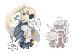  0o_with_me 2girls blindfold blonde_hair chibi hashtag-only_commentary highres hug long_hair multiple_girls ponytail simple_background soldier_11_(zenless_zone_zero) trigger_(zenless_zone_zero) white_background white_hair yuri zenless_zone_zero 