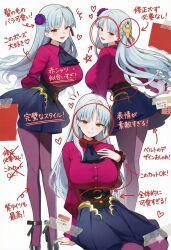  1girl ai-generated breasts circle dress fate/strange_fake fate_(series) fillia_(fate) hair_between_eyes heart highres large_breasts multiple_views pantyhose red_dress red_eyes smile takotama02 white_hair 