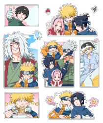  1girl black_hair blonde_hair commentary_request facial_mark flak_jacket forehead_protector haruno_sakura hatake_kakashi highres jacket jiraiya_(naruto) korean_commentary multiple_boys naruto_(classic) naruto_(series) orange_jacket pink_hair rock_lee spiky_hair teacher_and_student team_7_(naruto) toganeki uchiha_sasuke uzumaki_naruto whisker_markings 