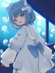  1girl :3 :d absurdres ahoge animal_ear_fluff animal_ears back_bow blue_bow blue_hair blunt_bangs blurry blurry_background blush bow cat_ears cat_girl cloud_hair_ornament cowboy_shot dress hair_intakes hair_ornament hashtag-only_commentary highres indie_virtual_youtuber jellyfish kurageu_roa long_sleeves looking_at_viewer multicolored_hair nekosakaaa open_mouth short_hair sidelocks smile solo streaked_hair violet_eyes virtual_youtuber white_dress white_streaks x_hair_ornament 