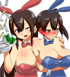  2girls akagi_(kantai_collection) animal_ears black_hair bowtie breasts brown_eyes bullet bunny_girl bunnysuit cleavage fake_animal_ears kaga_(kantai_collection) kantai_collection leotard long_hair metal multiple_girls oil_can open_mouth personification rabbit_ears short_hair side_ponytail smile tray wrist_cuffs yamaneko_ken 