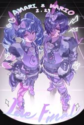  1boy \m/ animal_ears black_background black_gloves blue_hair bow collared_shirt dark-skinned_male dark_skin fake_animal_ears from_above full_body gloves gradient_background hair_bow hair_over_one_eye hand_on_own_hip hashtag-only_commentary highres idol_land_pripara katasumi_amari long_hair looking_at_viewer mario mememe_(omt4160) open_mouth pantyhose pink_bow pink_eyes pretty_series pripara puffy_short_sleeves puffy_sleeves rabbit_ears red_eyes shirt shoes short_hair short_sleeves shorts skull_print smile sparkle standing tile_floor tiles tongue tongue_out torn_clothes torn_pantyhose twintails 