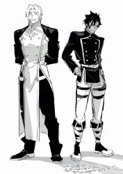  2boys arms_behind_back bandages belt black_hair black_pants blonde_hair boots brooch closed_eyes commentary_request dark-skinned_male dark_skin forbartz_xylo full_body grin hair_intakes hair_over_one_eye hands_on_own_hips highres jewelry long_sleeves looking_to_the_side male_focus multicolored_hair multiple_boys ogata_tomio pants parted_lips pelvic_curtain priest rhyno_(yuushakei_ni_shosu) scar scar_across_eyebrow scar_on_face shoes short_hair simple_background sketch smile standing white_background white_belt white_hair white_pants yuushakei_ni_shosu 