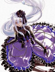  1girl black_gloves braid dress elbow_gloves gloves hashtag-only_commentary hat highres long_hair mini_hat pantyhose purple_dress red_eyes ribbon shukkonsou very_long_hair vocaloid white_hair white_pantyhose yowane_haku yowane_haku_(gothic_purple) 