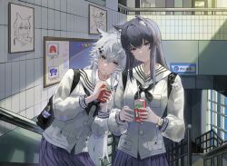  2girls ajie574493701 alternate_costume animal_ear_fluff animal_ear_piercing animal_ears arknights backpack bag black_hair black_neckerchief buttons cardigan charm_(object) chinese_commentary closed_mouth commentary_request drink drinking_straw english_commentary exusiai_(arknights) grey_hair hair_between_eyes handrail heads_together highres holding holding_drink indoors juice juice_carton lappland_(arknights) leaning_on_person long_hair long_sleeves looking_at_viewer mixed-language_commentary mostima_(arknights) multicolored_eyes multiple_girls neckerchief partial_commentary picture_frame pleated_skirt purple_skirt sailor_collar school_uniform sidelocks skirt stairs standing subway_station texas_(arknights) two-tone_eyes violet_eyes white_cardigan white_sailor_collar wolf_ears wolf_girl yellow_eyes 