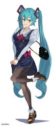  1girl absurdres aqua_eyes aqua_hair artist_name bag black_bag black_pantyhose blue_dress boots bow commentary daferq dress dress_bow hatsune_miku highres long_hair looking_at_viewer pantyhose puffy_sleeves shoulder_bag simple_background skirt_hold smile socks solo standing standing_on_one_leg twintails vocaloid white_background white_socks 