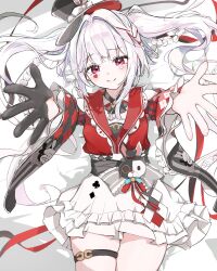  1girl black_choker black_gloves black_hat blush braid breasts butterfly-shaped_pupils center_frills choker closed_mouth clothing_cutout commentary_request cowboy_shot diamond_(shape) diamond_facial_mark diamond_on_cheek dress facial_mark frilled_dress frilled_sleeves frills from_above frown gloves hat hat_ornament heart heart_facial_mark heart_on_cheek highres honkai:_star_rail honkai_(series) long_hair looking_at_another looking_at_viewer mark_under_both_eyes mini_hat mini_top_hat multicolored_hair on_bed open_fifth_position_of_the_arms outstretched_arms pink_eyes rabbit_ear_headwear rabbit_hat_ornament red_eyes red_shirt shirt shoulder_cutout shyaruru single_glove skirt smile solo sparkle_(honkai:_star_rail) sparxie_(honkai:_star_rail) spread_arms symbol-shaped_pupils thigh_strap thumbs_up_emoji top_hat twintails very_long_hair white_hair white_skirt 