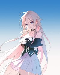  1girl a0ja9k ahoge arms_behind_back black_choker black_shirt blue_eyes braid choker hair_between_eyes hair_flaps hashtag-only_commentary highres ia_(vocaloid) long_hair looking_at_viewer off_shoulder shirt skirt smile solo vocaloid white_hair white_skirt 