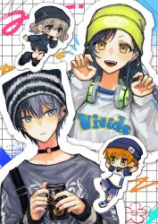  2boys 2girls :o alternate_costume aoyagi_touya arms_behind_head azusawa_kohane beanie black_choker black_hat black_nails blue_hair brown_eyes brown_hair can choker claw_pose closed_mouth ear_piercing earrings fingernails green_nails hair_ornament hand_up hands_up hat headphones headphones_around_neck highres holding holding_can jewelry kitaete_fly!_muscle_training!_(project_sekai) long_hair long_sleeves looking_at_viewer mole mole_under_eye multicolored_hair multiple_boys multiple_girls nail_polish official_alternate_costume open_mouth orange_hair piercing project_sekai protected_link shinonome_nano shiraishi_an short_hair short_sleeves short_twintails shorts socks split-color_hair star_(symbol) star_hair_ornament teeth twintails two-tone_hair upper_body upper_teeth_only vivid_bad_squad_(project_sekai) yellow_eyes yngpeaceful 