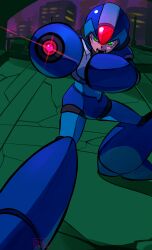  1boy absurdres aiming android arm_cannon armor blue_armor blue_helmet danyhu16 forehead_jewel glint green_eyes helmet highres male_focus mega_man_(series) mega_man_x1 mega_man_x_(series) solo standing weapon x_(mega_man) 