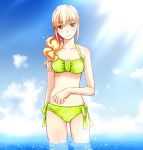 1girl blonde_hair blush breasts colored fortune_quest goma_azarasi long_hair looking_at_viewer pastel_(fortune_quest) solo swimsuit wading 