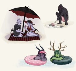  1boy 4girls ahoge antlers artist_name barefoot bat_ornament bat_wings beach beach_towel beach_umbrella bikini black_hat black_horns black_one-piece_swimsuit black_skin black_umbrella black_wings blush bottle braid braided_ponytail breasts brown_horns closed_mouth colored_skin commentary crossed_arms cup deer_antlers demi_(lunacid) demon_girl demon_horns dot_nose drinking_glass english_commentary fang fang_out flower food fruit garrat_the_hound grapes green_eyes green_hair green_skin hair_bun hat hat_flower highres holding holding_cup holding_stick horns in_water jusztina_fanu long_hair looking_at_another low_wings lunacid monster multiple_girls one-piece_swimsuit open_mouth ophelia_fanu outdoors pale_skin patchouli_(lunacid) pink_shorts pointy_ears purple_bikini purple_hair purple_skin red_eyes red_flower red_one-piece_swimsuit red_rose rose sandwich seiza shadow short_hair shorts sidelocks sitting skin_fang small_breasts smile squatting stick strangea1chemy sunglasses swim_ring swimming swimsuit topless_male towel umbrella upper_body vampire white_background wine_bottle wine_glass wings yellow_eyes yokozuwari 