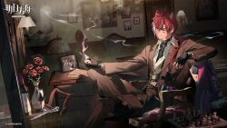  alcohol ameinu animal_ears arknights arm_on_knee arm_rest asymmetrical_sidelocks bellone_(arknights) belt belt_buckle black_gloves board_game book brown_suit buckle chain chain_necklace chair chess chess_piece coat copyright_logo copyright_notice crossed_bangs crossed_legs cup diamond_(shape) diamond_facial_mark dress_pants dress_shirt drinking_glass facial_mark fingerless_gloves flower gloves hair_between_eyes hair_over_shoulder highres holding holding_lighter indoors infection_monitor_(arknights) jacket jewelry knife lighter logo long_hair low_ponytail multicolored_hair multiple_belts necklace official_art on_chair open_book oxfords pants partially_unbuttoned picture_frame ponytail red_coat red_hair rose shirt sidelocks smoke smoke_trail streaked_hair striped_clothes striped_jacket striped_pants suit suit_jacket tail unworn_coat vase vertical-striped_clothes vertical-striped_jacket vertical-striped_pants violet_eyes white_hair white_shirt wine wine_glass wolf_boy wolf_ears wolf_tail zippo_lighter 