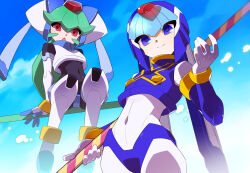  2girls android blue_eyes blue_helmet blue_sky commentary_request crop_top fairy_leviathan_(mega_man) fins forehead_jewel green_hair head_fins helmet holding holding_polearm holding_weapon kaidou_zx long_hair looking_at_viewer mega_man_(series) mega_man_zero_(series) mega_man_zx model_w_(mega_man) multiple_girls navel pandora_(mega_man) polearm red_eyes revision robot_girl simple_background sky staff weapon 