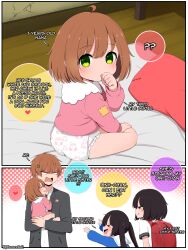  >_< 1boy 3girls :t ? ?? absurdres aged_down ahoge anger_vein animal_print backpack bag black_hair blank_eyes blazer blue_shirt blush brother_and_sister brown_hair carrying child_carry commentary crack cracked_wall diaper eleazarmikai emblem english_commentary english_text futon grey_jacket hana_(eleazarmikai) heart highres jacket kanna_(eleazarmikai) long_hair looking_back multiple_girls nana_(eleazarmikai) on_floor onii-chan_(eleazarmikai) open_clothes open_jacket open_mouth original outstretched_arms patch pillow pink_shirt pout rabbit_print randoseru red_bag sailor_collar school_uniform shaded_face shirt short_hair short_sleeves siblings sideways_mouth sisters sitting spoken_heart spoken_question_mark stitched thumb_sucking toddler twintails twitter_username white_sailor_collar white_shirt wooden_floor 