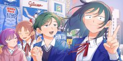  4girls absurdres braid brown_hair closed_eyes closed_mouth flower fujii_ayame futsuu_no_keion-bu glico green_eyes green_hair hair_flower hair_ornament hairclip hatono_chihiro highres holding_hands interlocked_fingers jacket kouyama_rin long_hair looking_at_viewer multiple_girls open_mouth osaka_(city) purple_hair ribbon rra_(yj) school_uniform short_hair smile uchida_momo v violet_eyes 