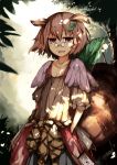  1girl :3 animal_ears bell breasts brown_eyes brown_hair cleavage fang futatsuiwa_mamizou glasses hands_in_pockets highres jewelry leaf leaf_on_head necklace notepad open_mouth pince-nez raccoon_ears raccoon_tail smile tail touhou tree venomrobo 