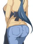  1girl apron ass blue_hair breasts from_behind gundam gundam_build_fighters highres iori_rinko jeans large_breasts long_hair ponytail ribbed_sweater simple_background solo sweater tight_pants very_long_hair white_background woodzzz 
