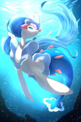  air_bubble blue_eyes bubble closed_mouth colored_eyelashes commentary_request full_body highres looking_back no_humans pokemon pokemon_(creature) pokemon_focus primarina rumine_(yoshi1234567) smile solo underwater 