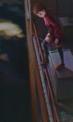  1girl absurdres black_eyes black_thighhighs braid brown_hair brown_shoes expressionless hashtag-only_commentary highres iculovedom in-universe_location long_hair long_sleeves looking_down low_twin_braids madotsuki on_rooftop outdoors parted_lips red_skirt red_sweater shoes skirt solo sweater thigh-highs twin_braids yume_nikki zettai_ryouiki 