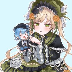  2girls :t black_flower black_rose blonde_hair blue_hair bonnet braid braided_hair_rings cheek_poking closed_eyes cowboy_shot dress flower green_bonnet green_dress green_eyes hair_rings hashtag-only_commentary highres in_palm lolita_fashion long_hair long_sleeves looking_at_another mahou_shoujo_no_majo_saiban mini_person minigirl multiple_girls open_mouth poking pout rose satomoriumi short_hair sitting smile tachibana_sherry tono_hanna twintails white_flower white_rose yellow_flower yellow_rose 