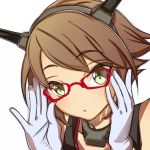  1girl adjusting_glasses bespectacled blush brown_hair glasses gloves green_eyes headgear kantai_collection looking_at_viewer mutsu_(kantai_collection) open_mouth personification short_hair solo touryou white_gloves 