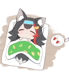  1girl animal_ear_fluff animal_ears apple apple_slice black_hair blanket chibi closed_eyes closed_mouth cold_pack commentary_request dot_mouth fever food from_above fruit hololive kani_bonara long_hair lying miofa_(ookami_mio) multicolored_hair on_back on_bed ookami_mio plate red_streaks sick simple_background solo streaked_hair tail under_covers virtual_youtuber white_background wolf_ears wolf_girl wolf_tail 