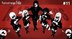  2b_(nier:automata) 2girls 5girls 9s_(nier:automata) absurdres blindfold cross cross_necklace crossover episode_number eyepatch fate/strange_fake fate_(series) gloves greyscale hairband hansa_cervantes highres jacket jewelry katya_kambanellis latin_cross leotard long_sleeves masuyama_ryouji maysia_kwo medium_hair monochrome multiple_girls necklace nier:automata nier_(series) pants parody priest red_background shanti_mukherjee short_hair twintails viola_wahlstrom 