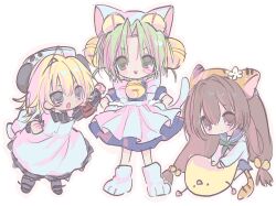  3girls ahoge animal_ears animal_hat apron armband bell blonde_hair bow brown_eyes brown_hair cat_ears cat_hat cat_tail child dejiko di_gi_charat dress full_body gema green_eyes green_hair hair_bell hair_ornament hat highres jingle_bell juju_(ccllrr) long_hair long_sleeves looking_at_viewer mittens multiple_girls neck_bell open_mouth panda_ears parted_bangs paw_shoes piyoko puchiko shirt shoes short_hair short_sleeves simple_background smile striped_clothes striped_dress tail tail_bow tail_ornament tiger_hat twintails white_apron white_mittens 