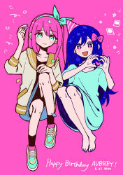  +_+ 2025 2girls :d absurdres alternate_eye_color ankle_socks aqua_dress aqua_eyes aqua_hairband aubrey_(faraway)_(omori) aubrey_(headspace)_(omori) aubrey_(omori) bare_legs barefoot black_shirt black_socks blue_hair blue_skirt bow bow_hairband bright_pupils character_name collarbone commentary_request dated denim denim_skirt dot_nose double-parted_bangs dress dual_persona fingernails full_body hair_between_eyes hair_bow hairband hand_on_own_knee happy_birthday hat hat_tip heart heart_hands heart_in_heart_hands highres jacket knee_up knees_up komekopan_720 long_hair looking_at_viewer medium_dress multiple_girls omori open_clothes open_jacket open_mouth party_hat photo_(object) pink_background pink_bow pink_eyes pink_hair pink_hat sailor_collar shirt shoes short_sleeves sidelocks simple_background sitting skirt smile socks sparkle star_(symbol) straight_hair three-quarter_sleeves very_long_hair white_jacket white_pupils white_shoes yellow_sailor_collar 
