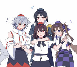  4girls animal_ear_fluff animal_ears bird_wings black_bow black_bowtie black_necktie black_skirt blue_dress blue_hair blush bow bowtie brown_hair brown_wings checkered_clothes checkered_skirt closed_mouth collared_shirt commentary_request detached_sleeves dress flying_sweatdrops grey_hair hand_grab harem hat highres himekaidou_hatate iizunamaru_megumu inubashiri_momiji long_hair long_sleeves looking_at_viewer multiple_girls musical_note necktie open_mouth pointy_ears pom_pom_(clothes) puffy_short_sleeves puffy_sleeves purple_hat red_eyes red_hat ribbon-trimmed_sleeves ribbon_trim sakic43899 shameimaru_aya shirt short_sleeves skirt smile sweatdrop tail tail_wagging tengu tengu_family_of_gensokyo_(touhou) tokin_hat touhou twintails violet_eyes white_shirt wings wolf_ears wolf_girl wolf_tail yuri 
