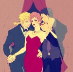  1girl 2boys black_hair blonde_hair braid curtains dareoma dress formal giorno_giovanna gown guido_mista hat hat_removed headwear_removed jewelry jojo_no_kimyou_na_bouken multiple_boys nail_polish necklace pink_hair short_hair suit trish_una 