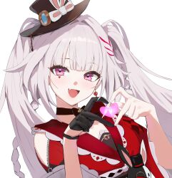  1040apap 1girl black_choker black_gloves black_hat blush braid breasts butterfly-shaped_pupils choker clothing_cutout club_(shape) diamond_(shape) double_finger_heart facial_mark fang finger_heart gloves hat heart heart_hands highres honkai:_star_rail honkai_(series) long_hair looking_at_viewer mini_hat mini_top_hat multicolored_hair open_mouth pink_eyes profile shoulder_cutout simple_background single_glove smile solo sparkle_(honkai:_star_rail) sparxie_(honkai:_star_rail) symbol-shaped_pupils top_hat twintails upper_body very_long_hair white_background white_hair 