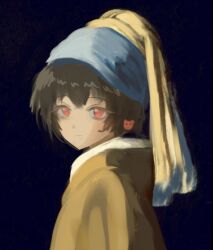  1girl bear_earrings blue_background brown_hair carmen_(project_moon) closed_mouth dress fine_art_parody girl_with_a_pearl_earring haneetyann hashtag-only_commentary headscarf lobotomy_corporation looking_at_viewer parody project_moon red_eyes simple_background smile solo upper_body yellow_dress yellow_headscarf 