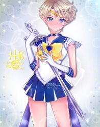  1girl back_bow bishoujo_senshi_sailor_moon bishoujo_senshi_sailor_moon_stars blonde_hair blue_choker blue_eyes blue_sailor_collar blue_skirt blush bow brooch choker circlet collarbone erni_1232 gloves heart heart_brooch highres jewelry looking_at_viewer miniskirt sailor_collar sailor_senshi sailor_senshi_uniform sailor_uranus short_hair skirt solo space_sword star_(symbol) star_choker super_sailor_uranus ten'ou_haruka uranus_symbol white_gloves yellow_bow 