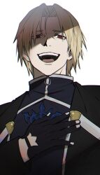  1boy black_gloves blonde_hair brooch colored_eyelashes commentary_request gloves grin hair_intakes hand_on_own_chest highres jewelry kreuzwinger long_sleeves looking_at_viewer male_focus open_mouth pants priest red_eyes rhyno_(yuushakei_ni_shosu) shaded_face simple_background smile solo teeth upper_body white_background yuushakei_ni_shosu 