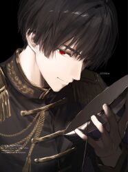  1boy 516iyn aiguillette artist_name axis_powers_hetalia black_background black_hair black_hat black_jacket buttons closed_mouth commentary_request epaulettes fingernails gold_trim hair_between_eyes hand_up hat highres holding holding_unworn_clothes holding_unworn_hat imperial_japanese_army jacket japan_(hetalia) long_sleeves looking_at_viewer male_focus military military_hat military_jacket military_uniform peaked_cap red_eyes short_hair simple_background smile solo tassel unworn_hat unworn_headwear upper_body watermark 