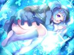  1girl backpack bag blue_background blue_eyes blue_hair boots hair_bobbles hair_ornament hat kawashiro_nitori key lying on_stomach open_mouth panties short_hair solo taka_(sanoujo358) touhou twintails underwear white_panties wrench 