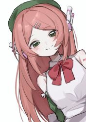  1girl apron arazan_(ara_arazan24) arm_markings arm_tattoo bare_shoulders beret bow bowtie detached_sleeves dress green_eyes green_hat hair_ornament hairclip hashtag-only_commentary hat leaning_to_the_side long_hair looking_at_viewer momone_momo pink_hair red_bow red_bowtie robot_ears simple_background sleeveless sleeveless_dress smile solo tattoo upper_body utau white_apron white_background 